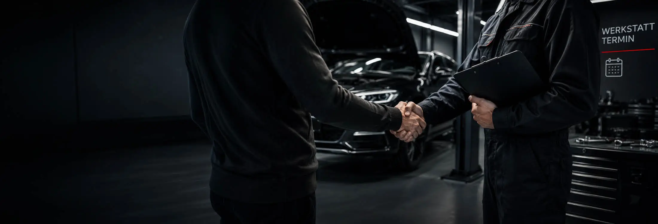 Autowerkstatt-Szene: Ein Kunde und ein Mechaniker