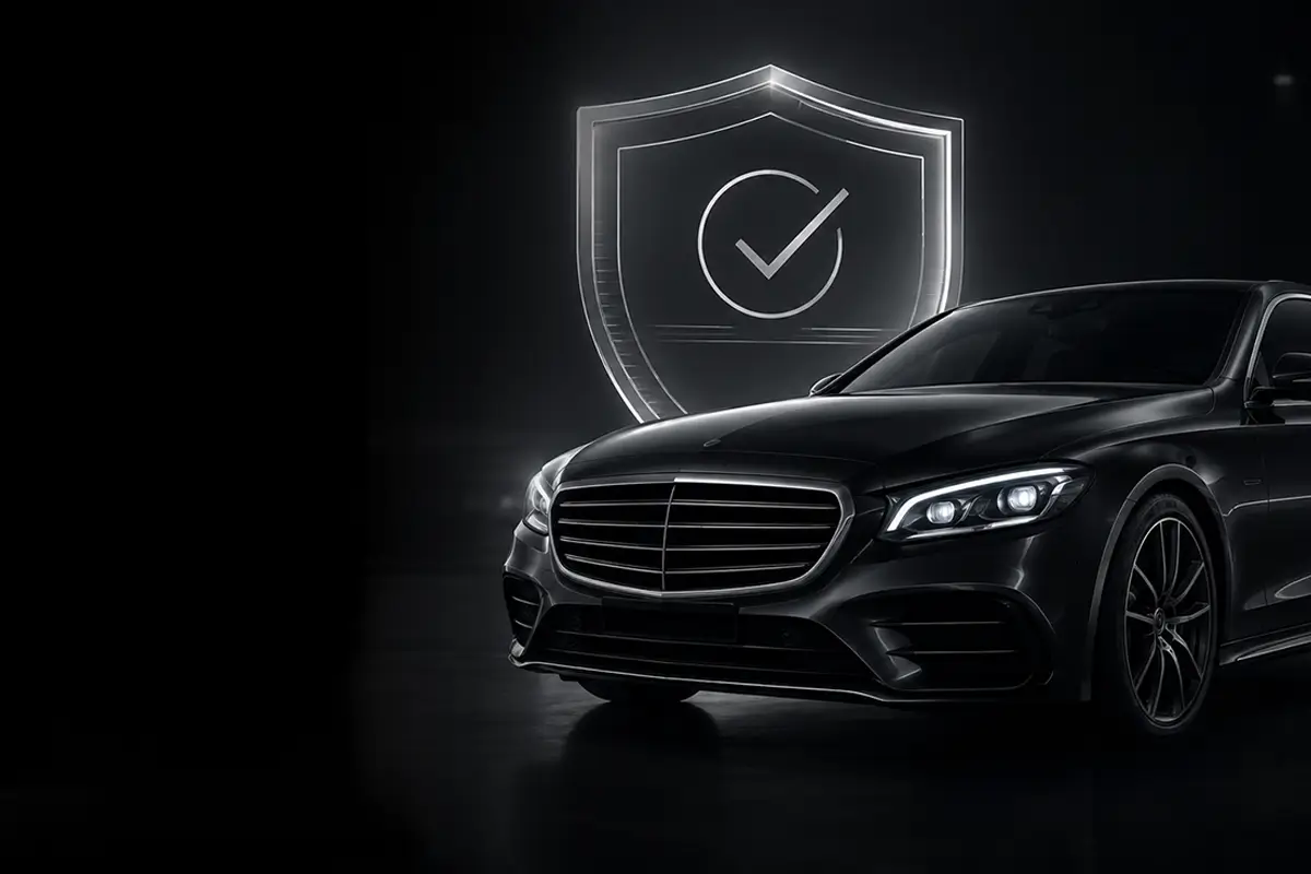 Werbegrafik zur Fahrzeuggarantie: rechts ein schwarzer Mercedes in dunklem Studio, dahinter ein leuchtendes Schild mit Häkchen.