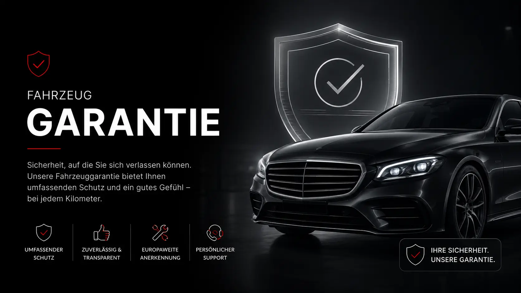 Werbegrafik zur Fahrzeuggarantie: rechts ein schwarzer Mercedes in dunklem Studio, dahinter ein leuchtendes Schild mit Häkchen. Links große Überschrift „FAHRZEUG GARANTIE“ mit kurzem Sicherheitstext.