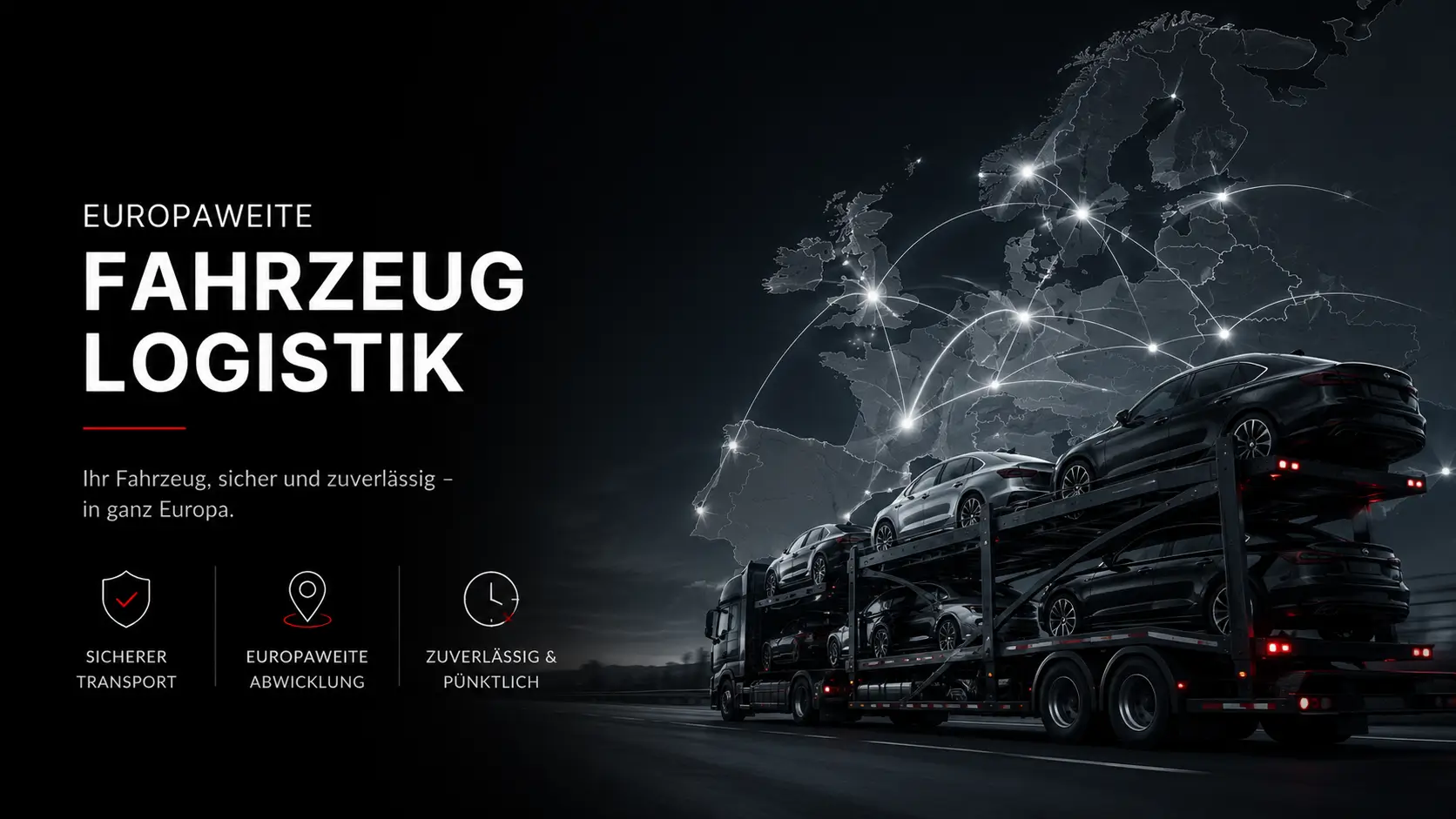 Werbegrafik für europaweite Fahrzeuglogistik: rechts ein Autotransporter mit mehreren Autos auf der Autobahn, darüber eine Europa-Karte mit leuchtenden Verbindungslinien. 