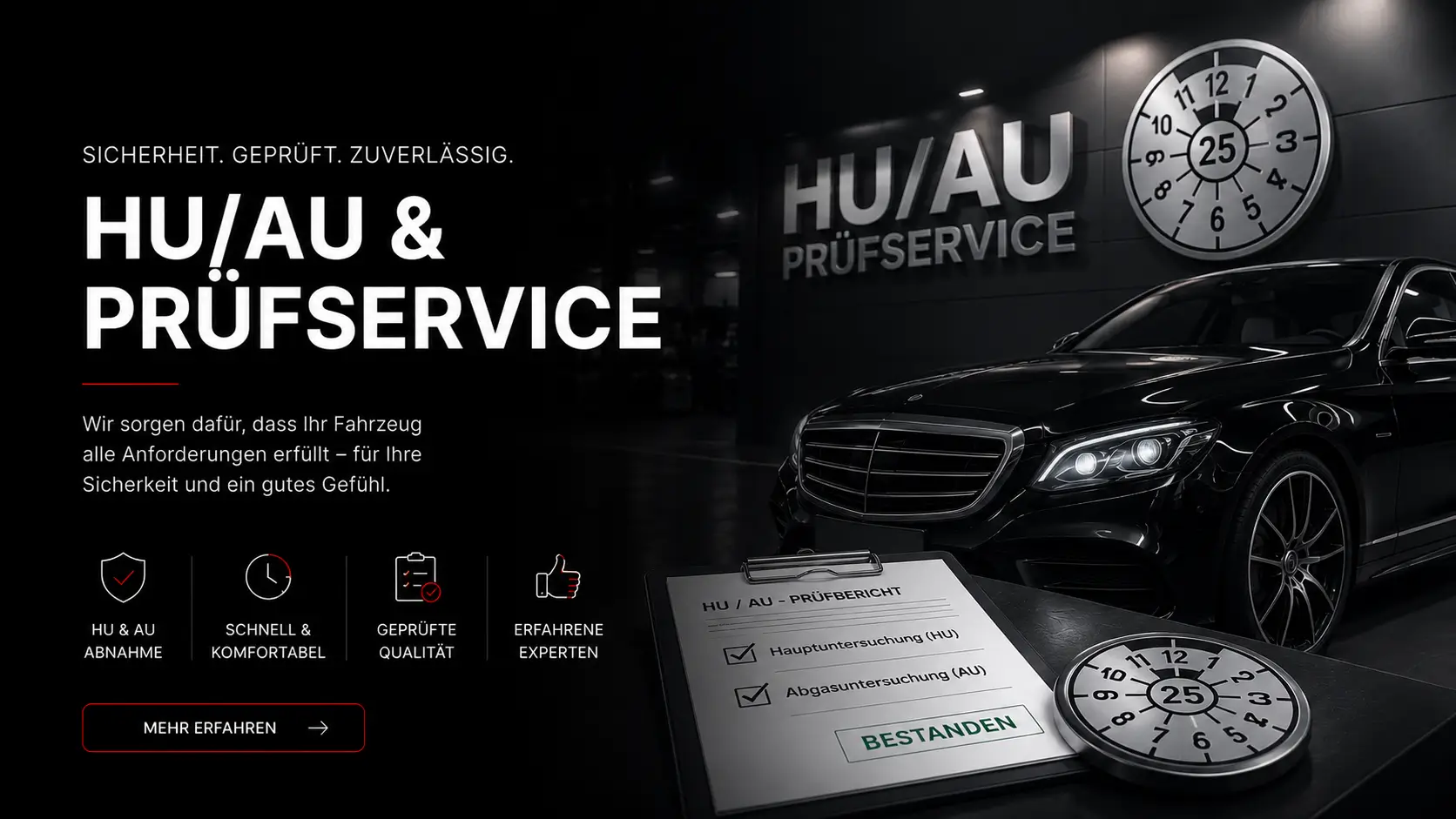 Werbegrafik für HU/AU- und Prüfservice: links großer Titel mit Slogan und Vorteils-Icons, rechts ein schwarzer Mercedes in der Werkstatt vor „HU/AU“-Beschilderung und Prüfscheibe; im Vordergrund Klemmbrett mit Prüfbericht „Bestanden“.
