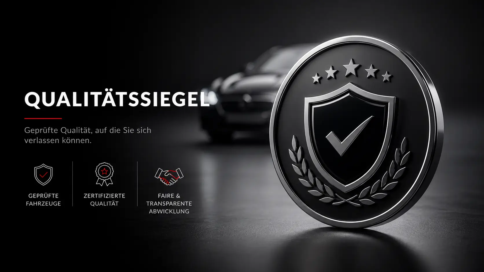 Werbegrafik „Qualitätssiegel“: rechts ein großes, metallisches Emblem mit Schild, Häkchen, Sternen und Lorbeer; links Überschrift und kurze Stichpunkte mit Icons („Geprüfte Fahrzeuge“, „Zertifizierte Qualität“, „Faire & transparente Abwicklung“). Im Hintergrund ein unscharfes Auto.